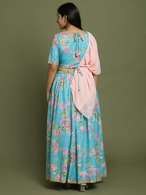 Girl's Aqua Blue Floral Print Crop Top & Lehenga Set With Dupatta